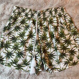 Briggs Womens Medium Shorts Green Palm Trees Linen Woven Elastic Tie Waist